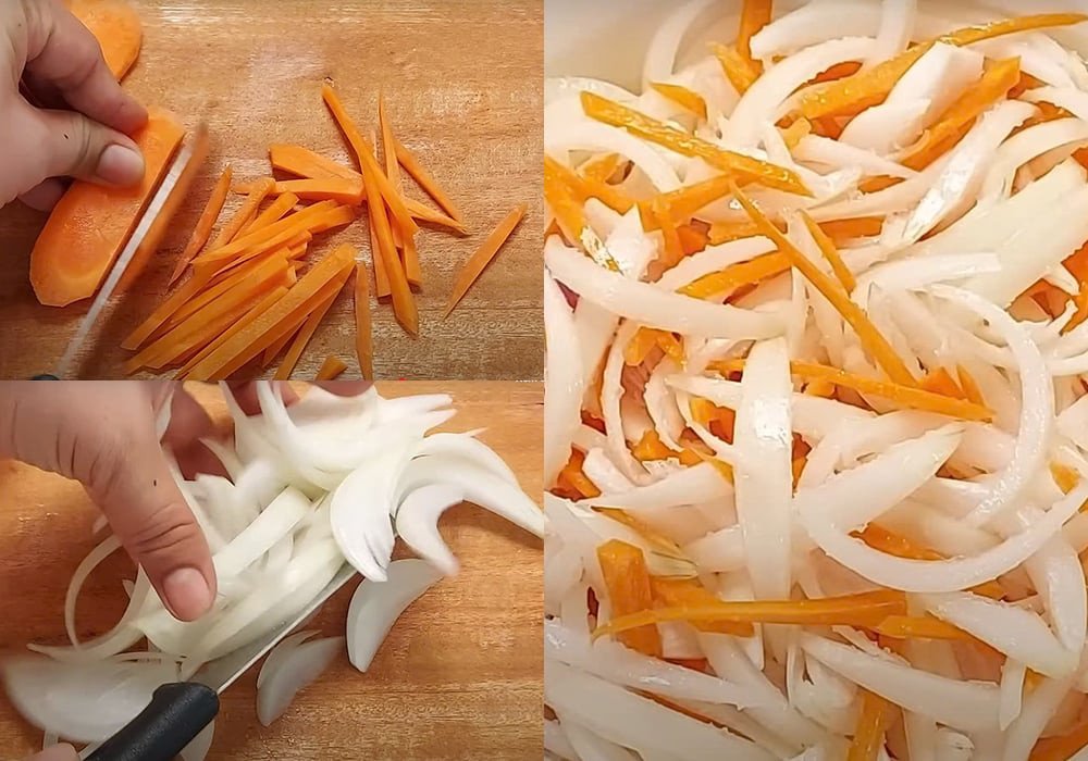 Hành tây và cà rốt thái sợi sau khi sơ chế để làm gỏi gà