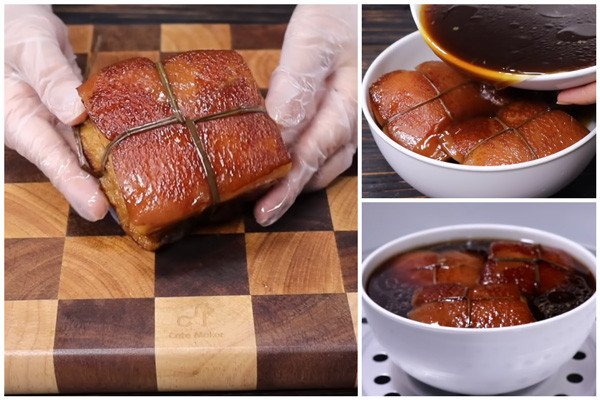 Hấp thịt kho đông pha cùng nước sốt để thịt mềm rục và thấm đẫm hương vị đặc trưng