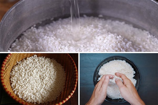 Hạt nếp cái hoa vàng được ngâm và vo sạch, chuẩn bị làm xôi chim bồ câu dẻo thơm.