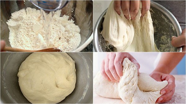 Hình ảnh các bước chuẩn bị hỗn hợp bột để làm bánh tiêu tại nhà, thể hiện sự hòa quyện của nguyên liệu