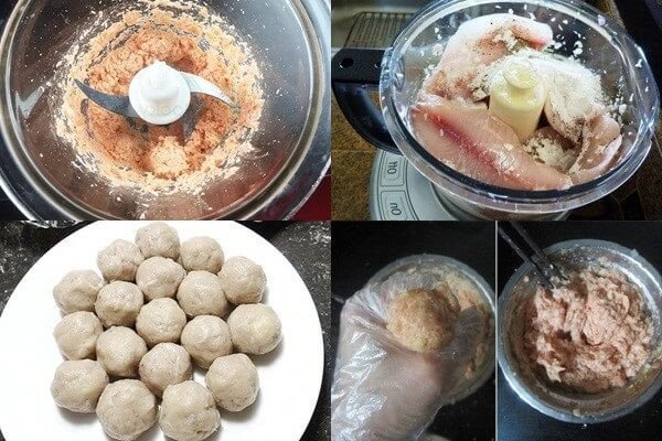 Hình ảnh các bước làm cá viên chiên tại nhà, bao gồm việc vo viên cá và nhúng vào bột chiên xù, minh họa cách làm cá viên giòn.