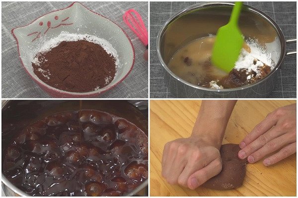 Hình ảnh các bước nhào bột và trộn bột năng làm trân châu đen.