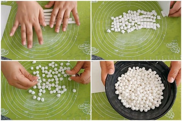 Hình ảnh cuộn và cắt bột năng tạo hình trân châu trắng đều đặn.