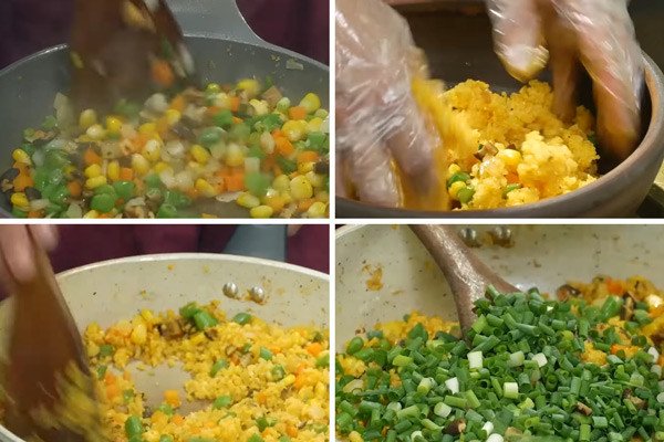 Hoàn thiện cơm chiên chay rau củ với lửa nhỏ