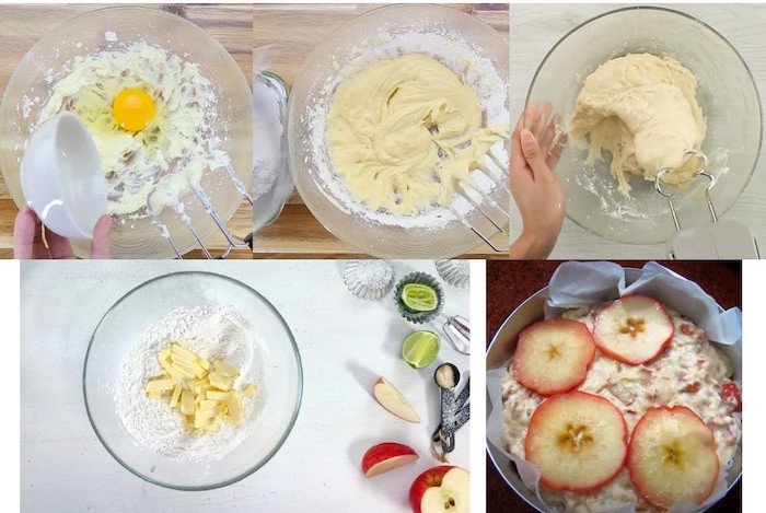 Hỗn hợp bánh táo yến mạch đang được trộn đều và đổ vào khuôn nướng.