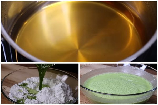 Hỗn hợp bột lá dứa đang được khuấy đều để pha vỏ bánh ướt ngọt