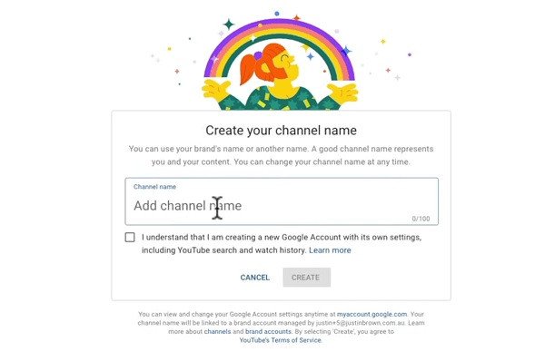 Hộp thoại nhập tên cho kênh YouTube chuyên nghiệp
