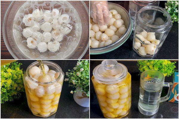 Hũ thủy tinh đựng vải ngâm đường phèn đã nguội và sẵn sàng bảo quản