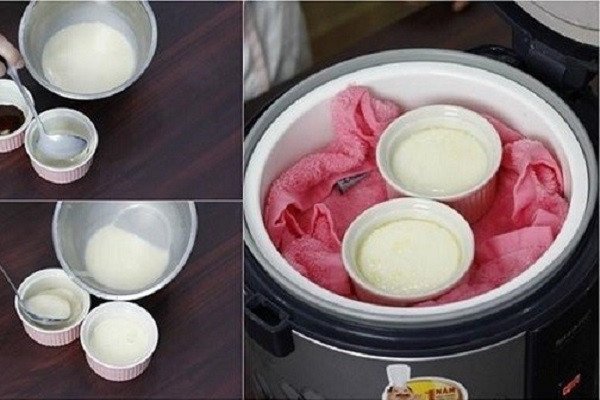 Cách Làm Bánh Flan Bằng Nồi Cơm Điện Mềm Mịn Đơn Giản Hướng dẫn đổ hỗn hợp bánh flan vào khuôn sau khi tráng caramel