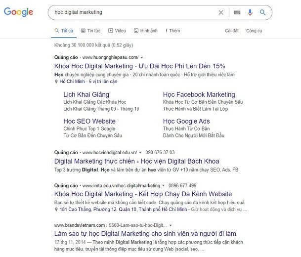 Kết quả tìm kiếm quảng cáo trên SERP