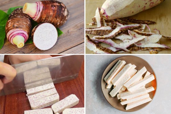 Bánh Khoai Môn Chiên: Bí Quyết Vàng Tạo Vỏ Giòn Rụm Khoai môn được sơ chế sạch sẽ, cắt khúc chuẩn bị làm bánh khoai môn chiên