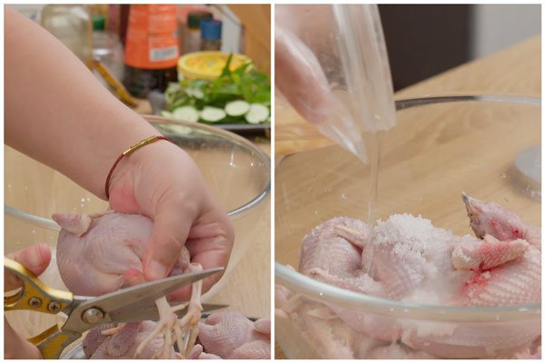 Khử mùi tanh của chim cút bằng cách rửa sạch với muối hạt và gừng tươi