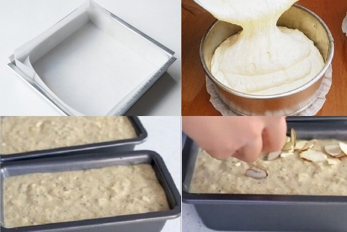 Lót giấy nến vào khuôn trước khi đổ bột bánh chuối yến mạch vào nồi chiên không dầu