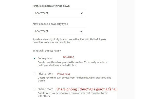 Lựa chọn loại hình chỗ ở khi đăng ký Airbnb làm host