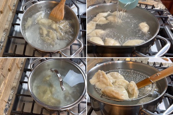 Luộc sủi cảo trong nồi nước sôi để vỏ bánh chín mềm, nhân thơm ngon