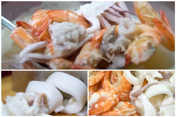 Luộc tôm, cá, mực chín tới thì vớI ra