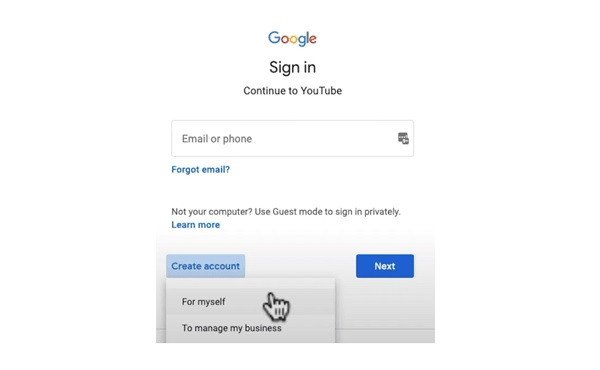 Màn hình đăng ký tài khoản Google để tạo kênh YouTube mới