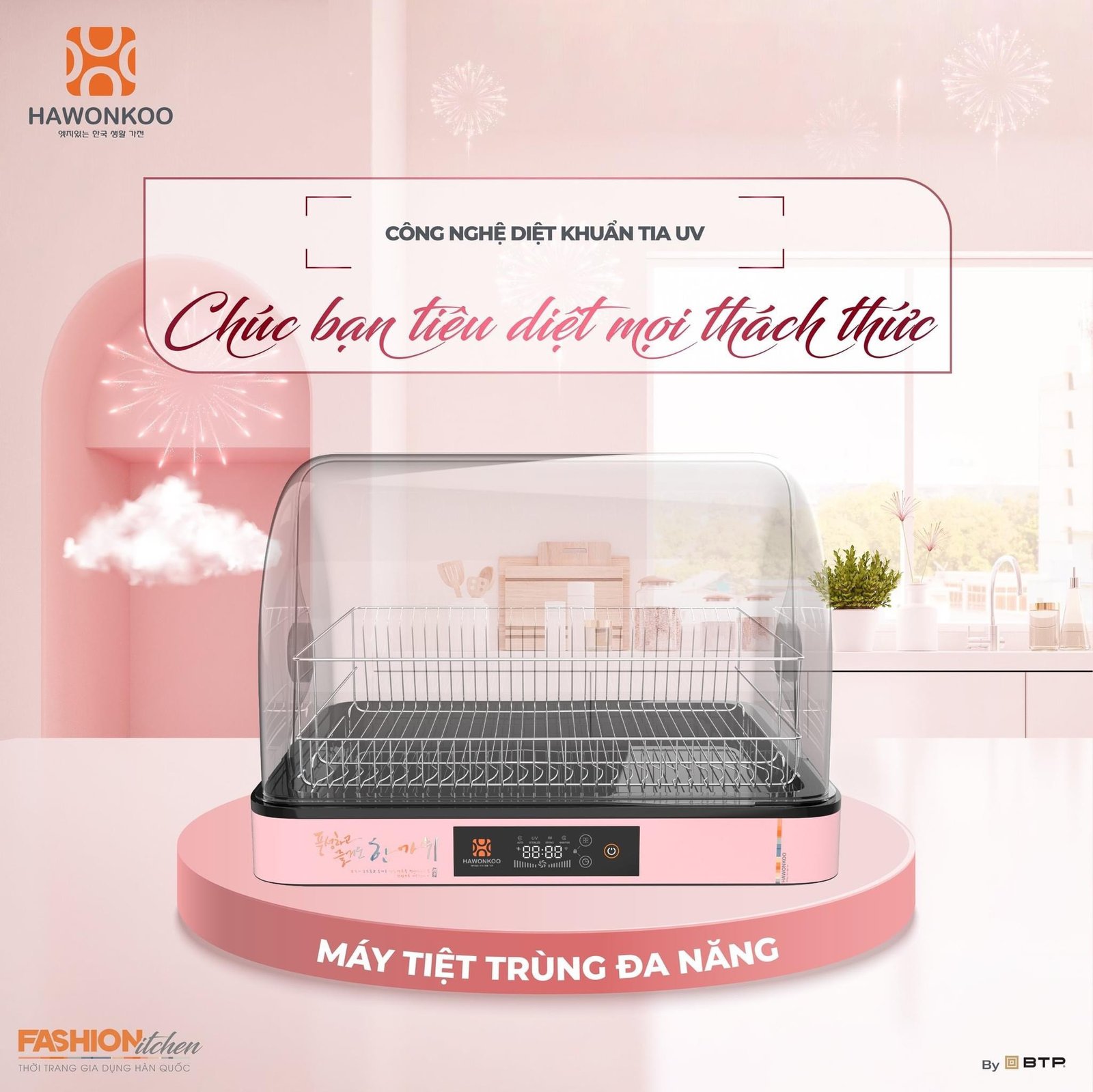 Máy tiệt trùng Hawonkoo DDH-202 màu hồng và trắng