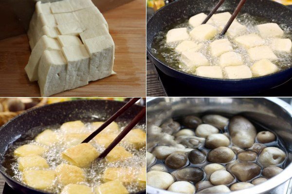 Miếng đậu hũ được chiên vàng giòn và nấm rơm sơ chế sạch sẽ