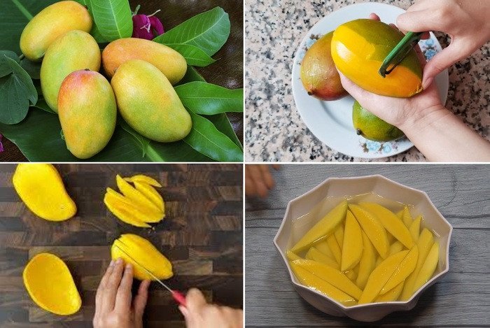 Miếng xoài đã sơ chế ngâm nước muối để chuẩn bị sấy dẻo
