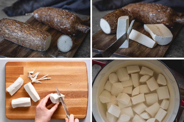 Cách Làm Bánh Khoai Mì Hấp Dẻo Bùi Chuẩn Vị Tại Nhà Mô tả hình ảnh: Một người đang cẩn thận cắt bỏ phần lõi cứng của củ khoai mì tươi trước khi đem đi bào nhuyễn, đảm bảo an toàn và chất lượng cho món bánh khoai mì hấp.