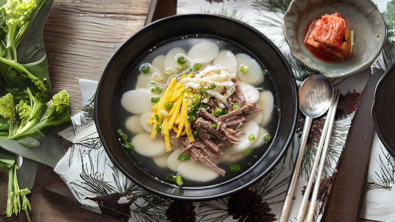 Món canh bánh gạo Tteokguk thơm ngon, hoàn chỉnh và sẵn sàng thưởng thức