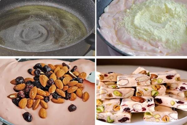 Món kẹo nougat vị dâu tây với màu hồng bắt mắt