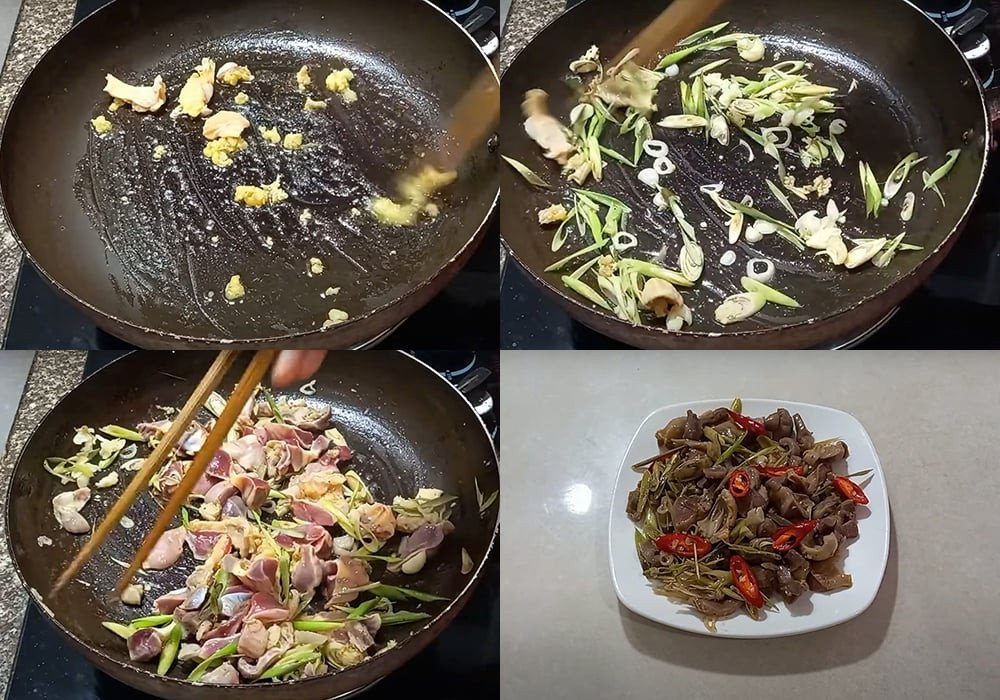 Món mỡ gà xào sả ớt đang được đảo trên chảo với lửa lớn, dậy mùi thơm hấp dẫn