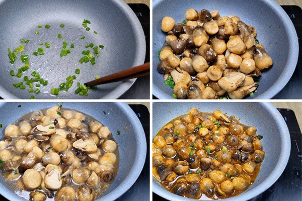 Món nấm rơm kho chay đang được nấu trên bếp, nước sánh