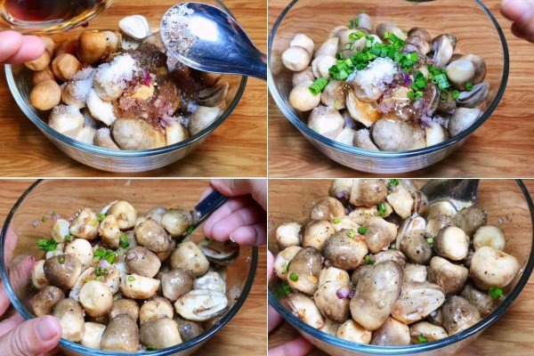 Nấm rơm được ướp đều gia vị để thấm đẫm trước khi kho cùng đậu hũ