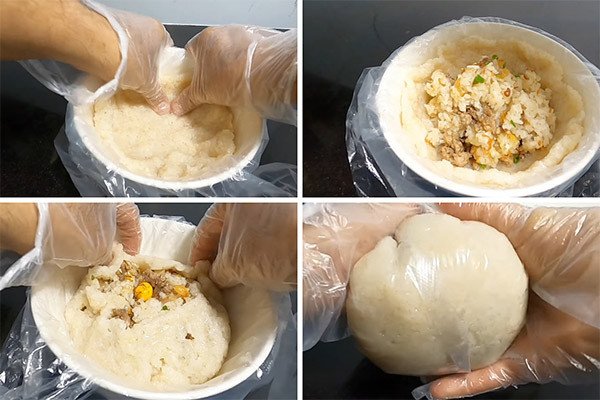 Nắm xôi chim bồ câu được tạo hình tròn đều, sẵn sàng cho công đoạn chiên giòn rụm bên ngoài.