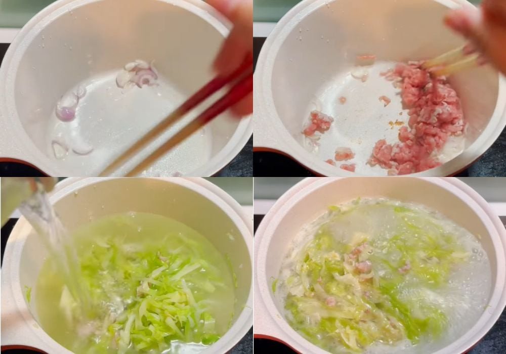 Nấu canh bắp cải thịt băm trên bếp