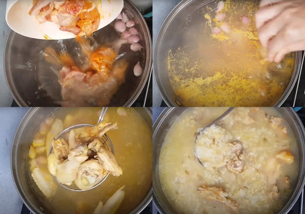 Nấu cháo gà đậu xanh trên bếp, chuẩn bị hoàn thành