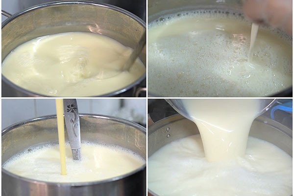 Nấu sữa hạt sen trên bếp với lửa nhỏ