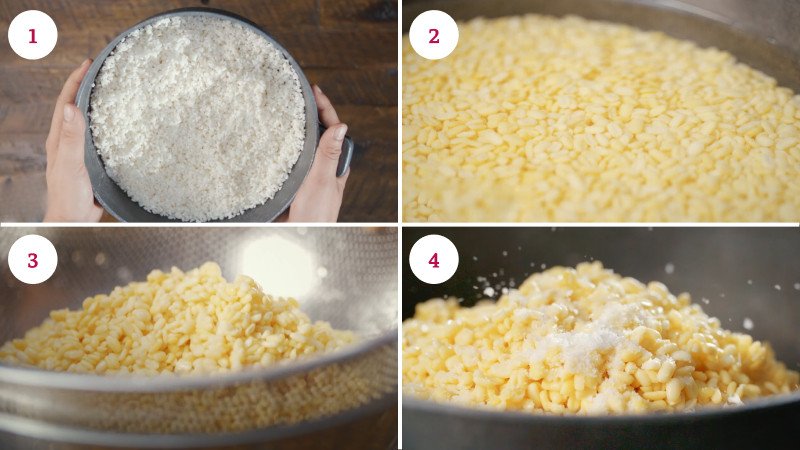 Ngâm gạo nếp và đậu xanh để làm bánh chưng