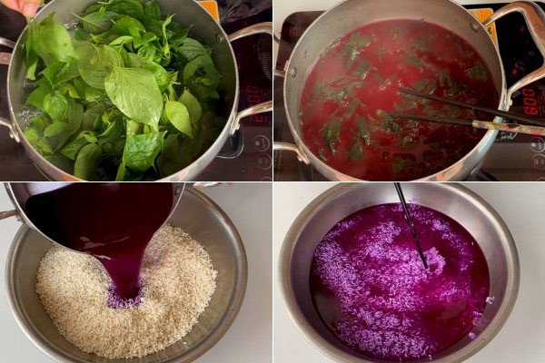 Ngâm gạo nếp với nước lá cẩm đã để nguội để lên màu đẹp