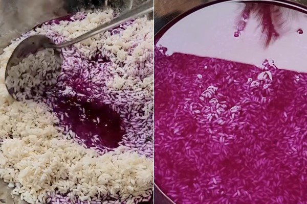 Ngâm gạo nếp với nước lá cẩm để tạo màu tím tự nhiên
