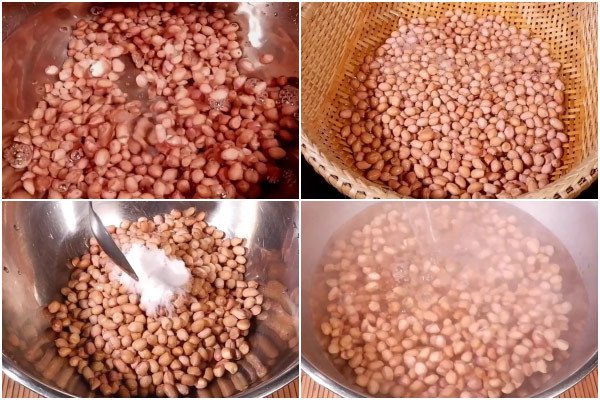 Ngâm hạt lạc với nước muối nóng giúp làm sạch và ngấm gia vị