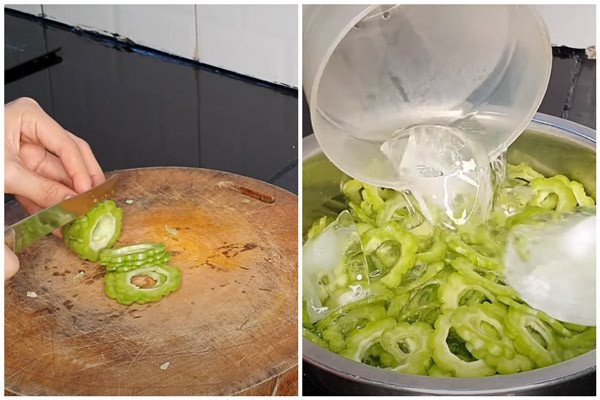 Ngâm khổ qua với nước đá lạnh để mướp đắng được giòn