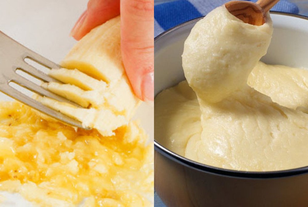 Nghiền nát chuối và trộn bột