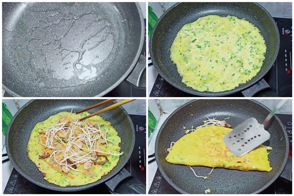 Người đầu bếp đang đổ lớp bột bánh xèo miền Bắc mỏng đều trên chảo nóng, sẵn sàng cho nhân và chiên giòn