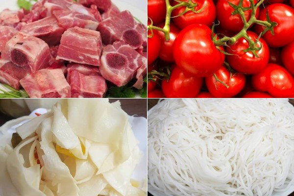 Nguyên liệu chuẩn bị cho món bún sườn chua truyền thống