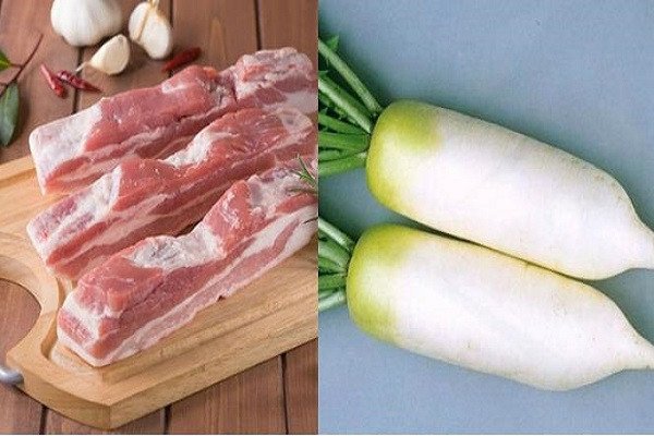 Nguyên liệu chuẩn bị cho món thịt heo kho củ cải trắng