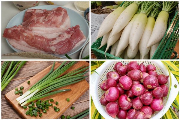 Nguyên liệu chuẩn bị cho món thịt kho củ cải trắng ngon đậm đà