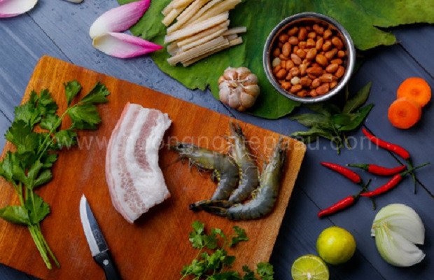 Nguyên liệu chuẩn bị gỏi ngó sen tôm thịt tươi ngon