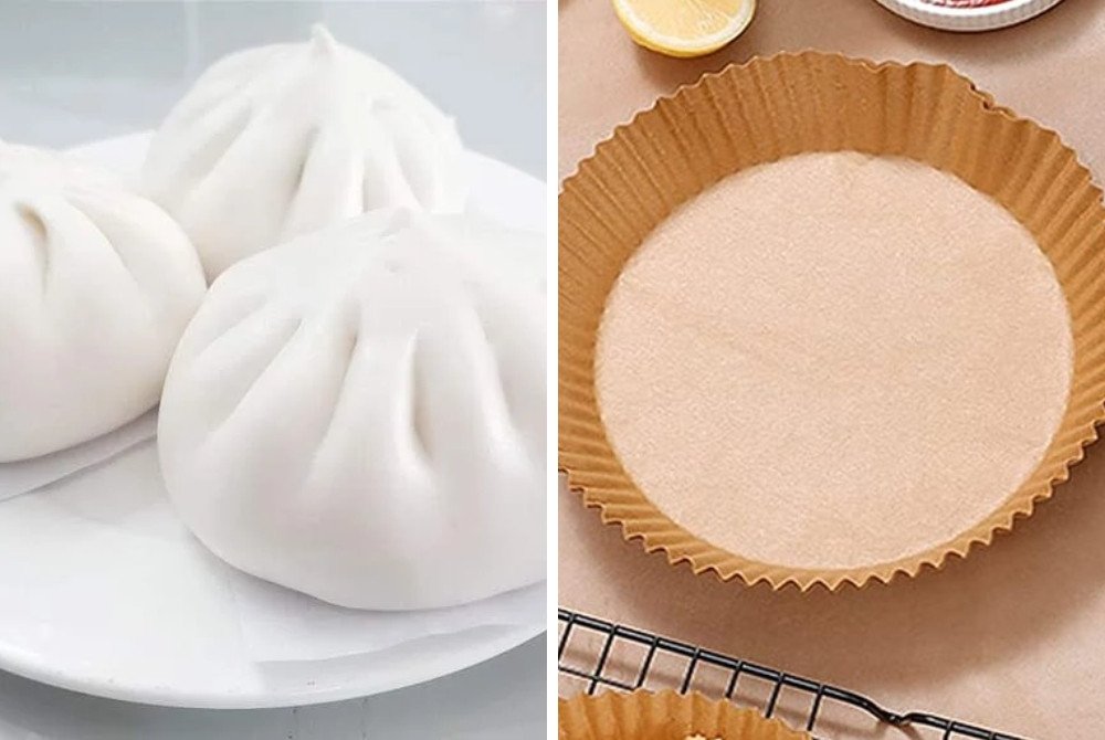 Nguyên liệu chuẩn bị hấp bánh bao bằng nồi chiên không dầu gồm bánh bao đông lạnh và giấy nến