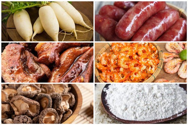 Nguyên liệu chuẩn bị làm bánh củ cải hấp truyền thống của người Hoa