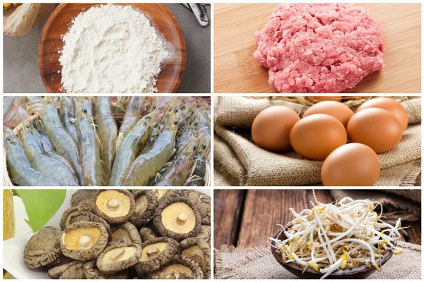 Cách Làm Bánh Xèo Miền Bắc Chuẩn Vị, Giòn Lâu Hấp Dẫn Nguyên liệu chuẩn bị làm món bánh xèo miền Bắc, bao gồm tôm, thịt, nấm hương và rau sống tươi ngon