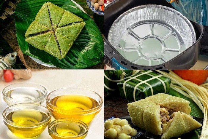 Nguyên liệu cơ bản để rán bánh chưng bằng nồi chiên không dầu bao gồm bánh chưng, dầu ăn và giấy bạc