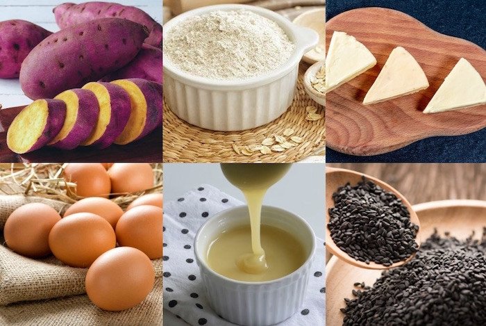 Nguyên liệu đầy đủ làm bánh khoai lang yến mạch
